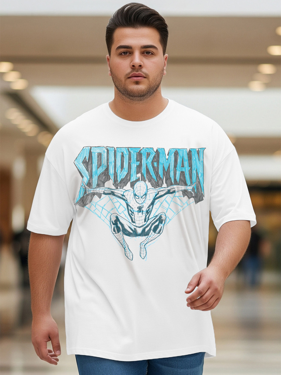 VEIRDO Men Plus Size Spider-Man Graphic Printed Round Neck Cotton T-shirt