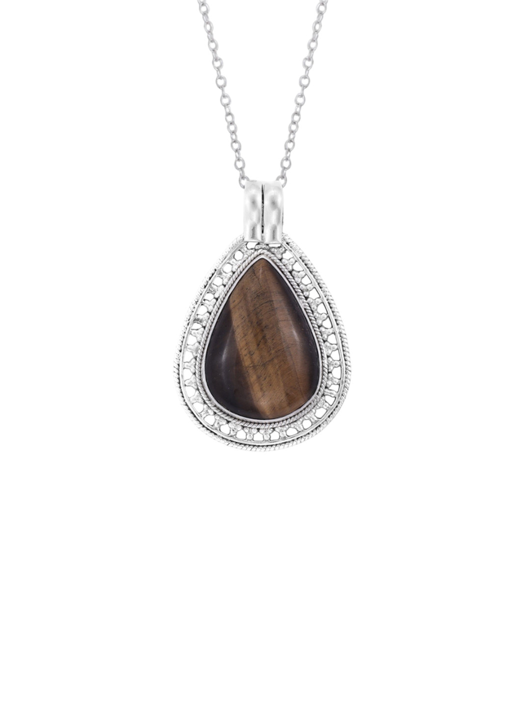 Exotic India Women Sterling Silver Gem Stone Studded Teardrop Shaped Pendant