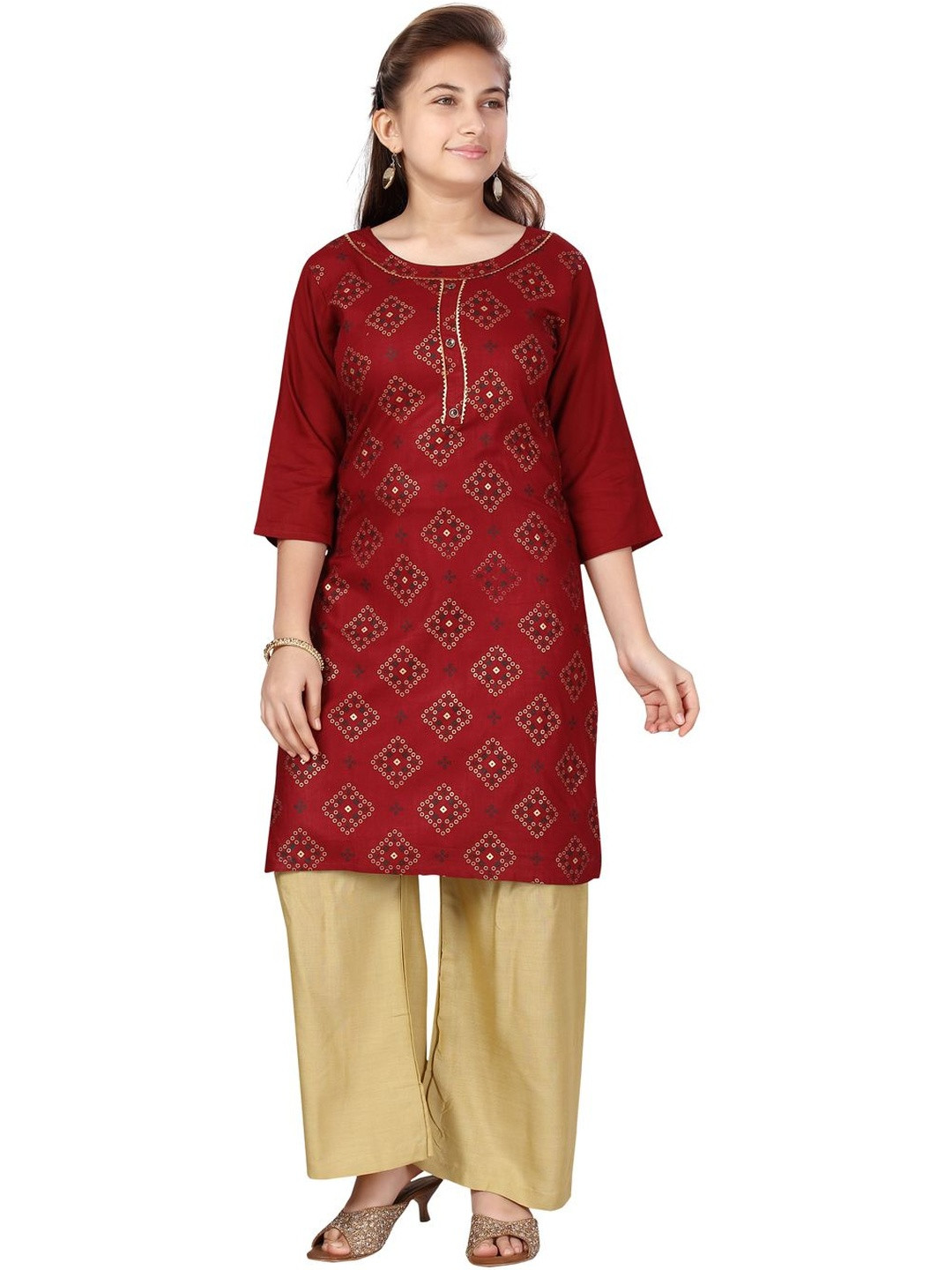 Muhuratam Girls Maroon Colour Kurti Palazzo Set