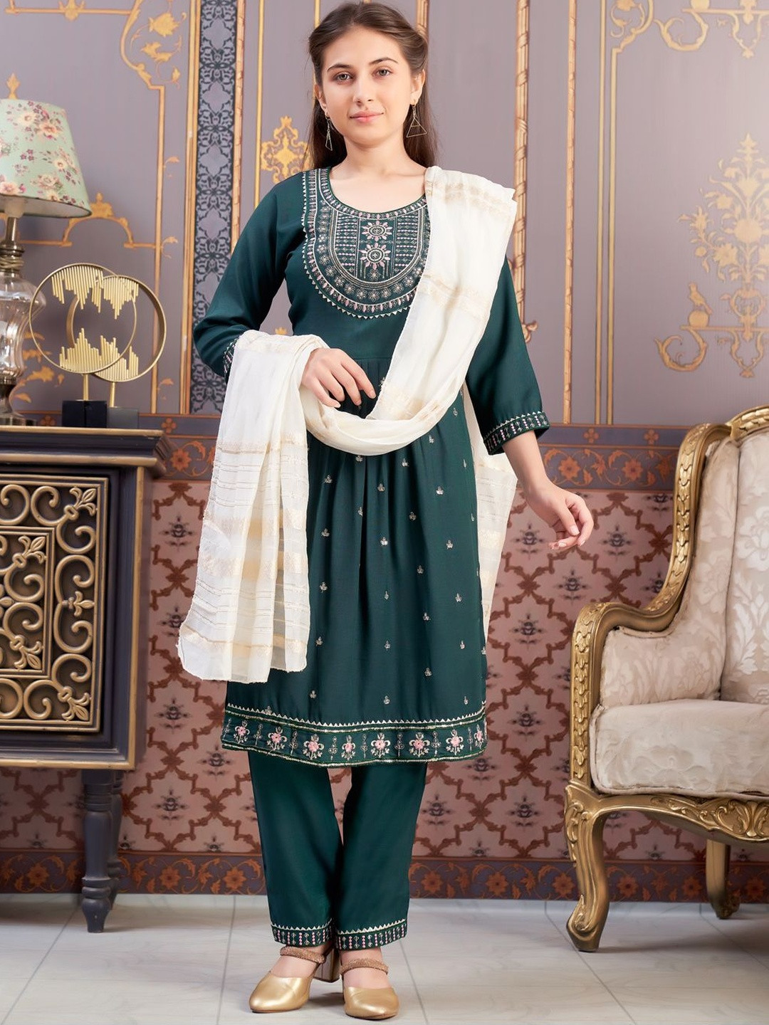 Muhuratam Girls Cotton Indigo Woven Design Sequin Embroidery Kurti With Pant & Dupatta