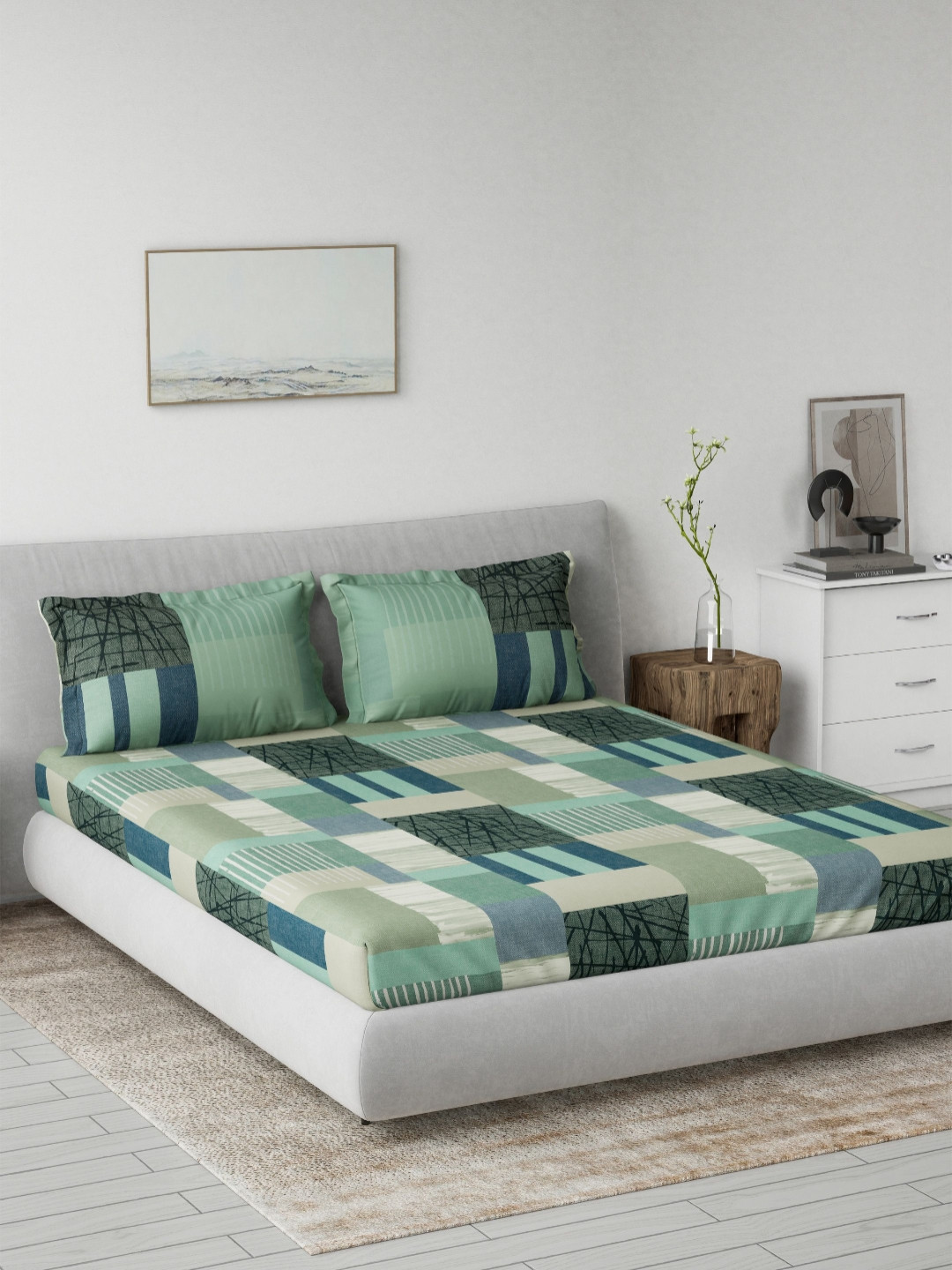 DDecor Green Printed Pure Cotton 144 TC King Bedsheet Set 2.29m x 2.74m