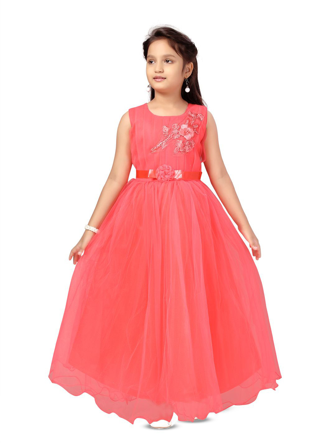 BAESD Girls Floral Embroidered Corsage Placement Net Gown Maxi Dress