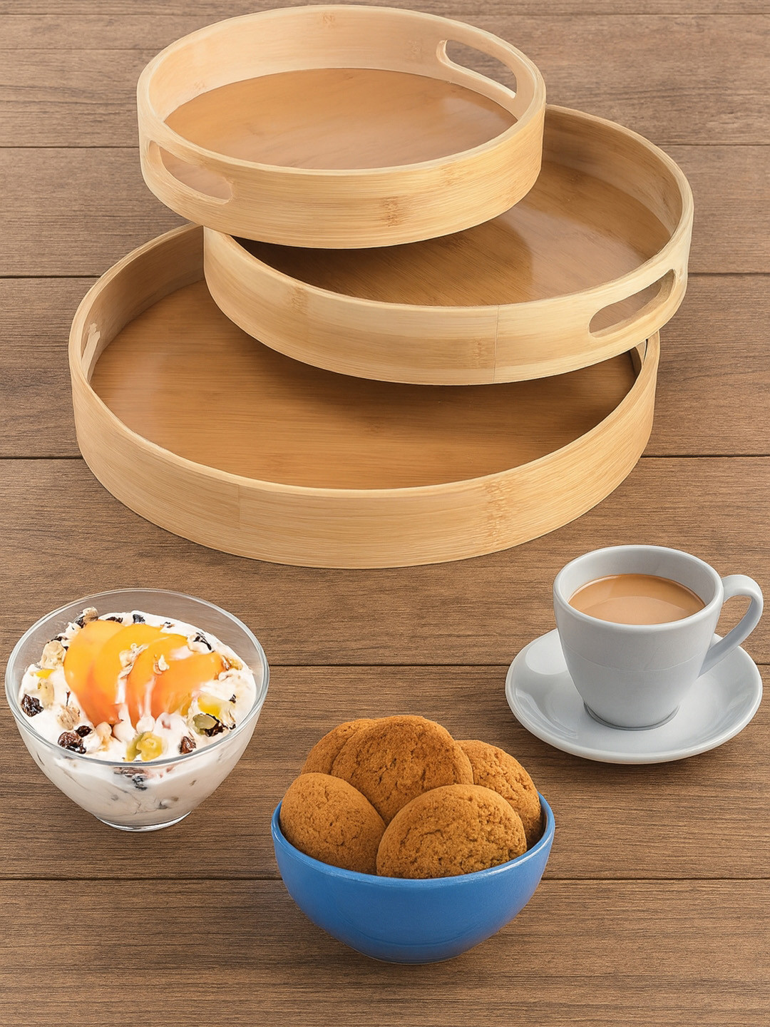 Kuber Industries Brown 3 Pieces Bamboo Serving Trays With Handle
