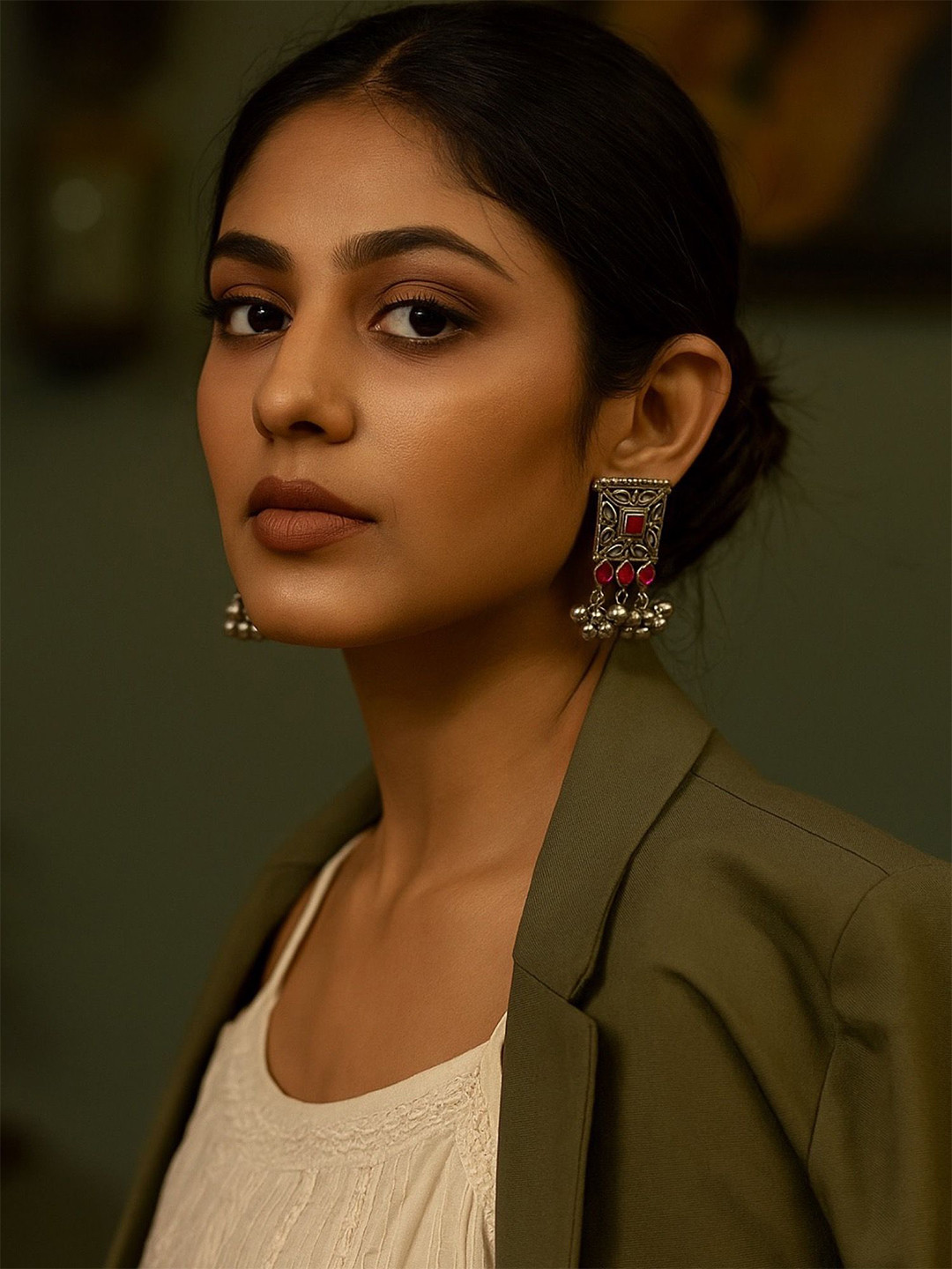 Digital Dress Room Silver-Plated Ghungroo Beaded & Studded Oxidised Square Shaped Studs