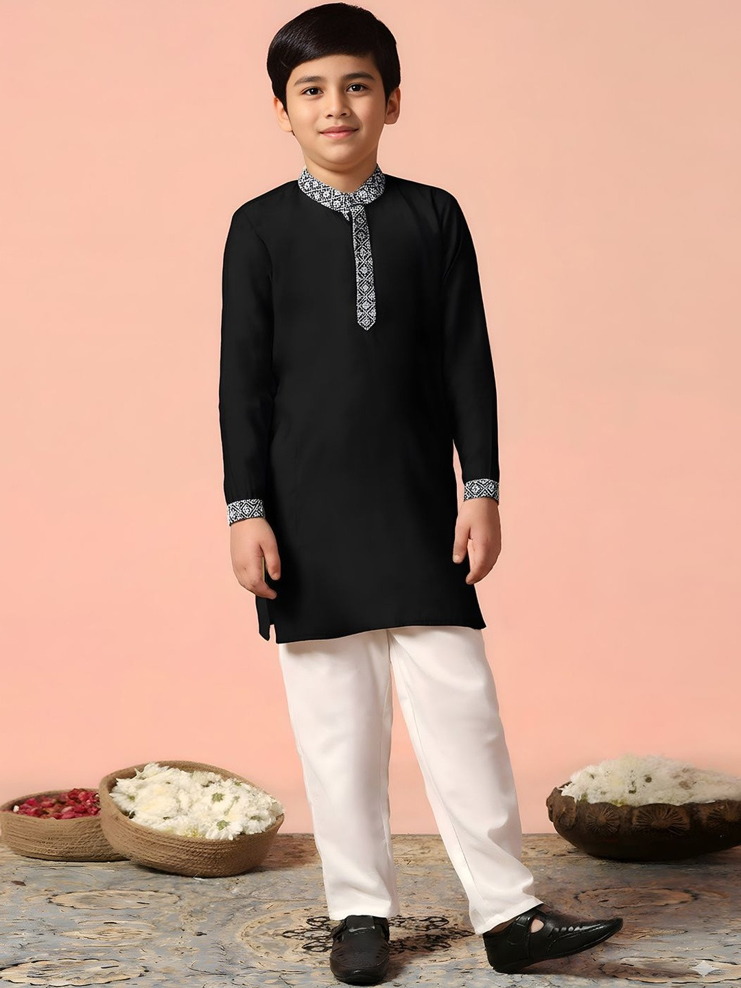 Sangria Boys Printed Collar & Cuff Kurta With Pyjama