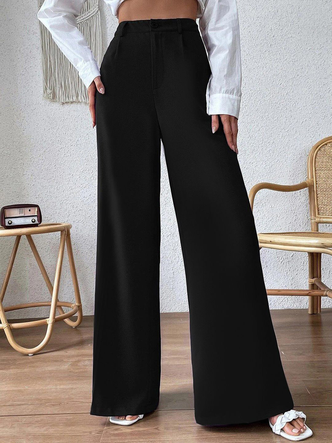 BAESD Women Relaxed Straight Leg High-Rise Wide Leg Non Iron Trousers