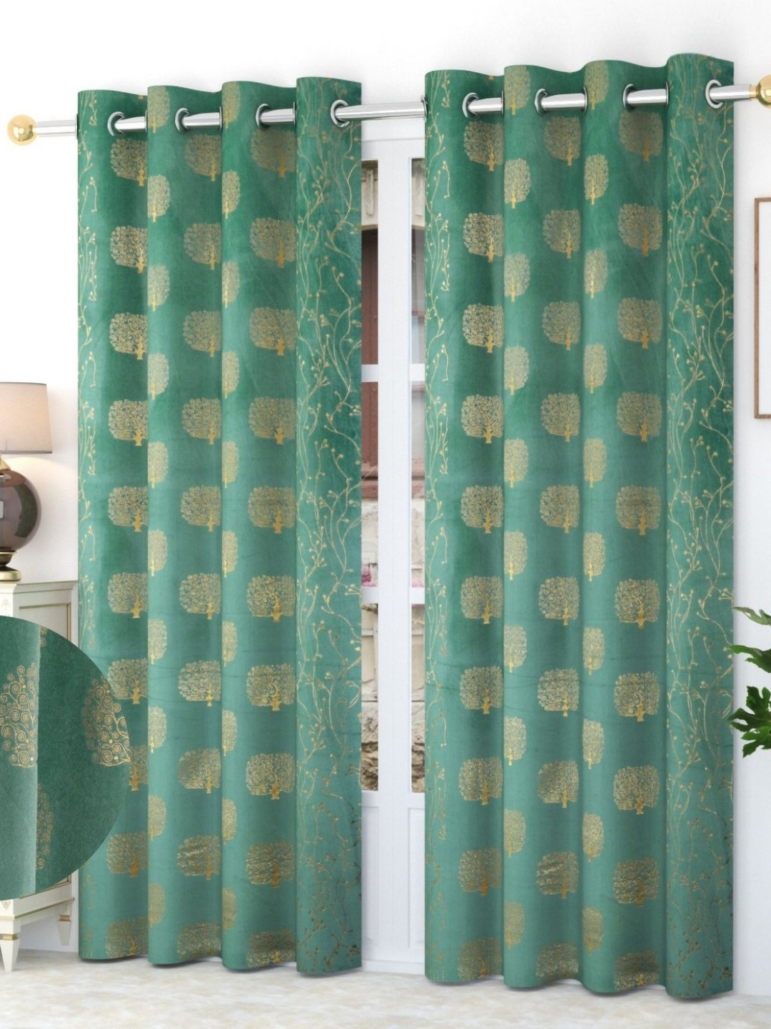 Kiara Creations Olive & Gold-Toned 2 Pcs Printed Room Darkening Velvet Door Curtains