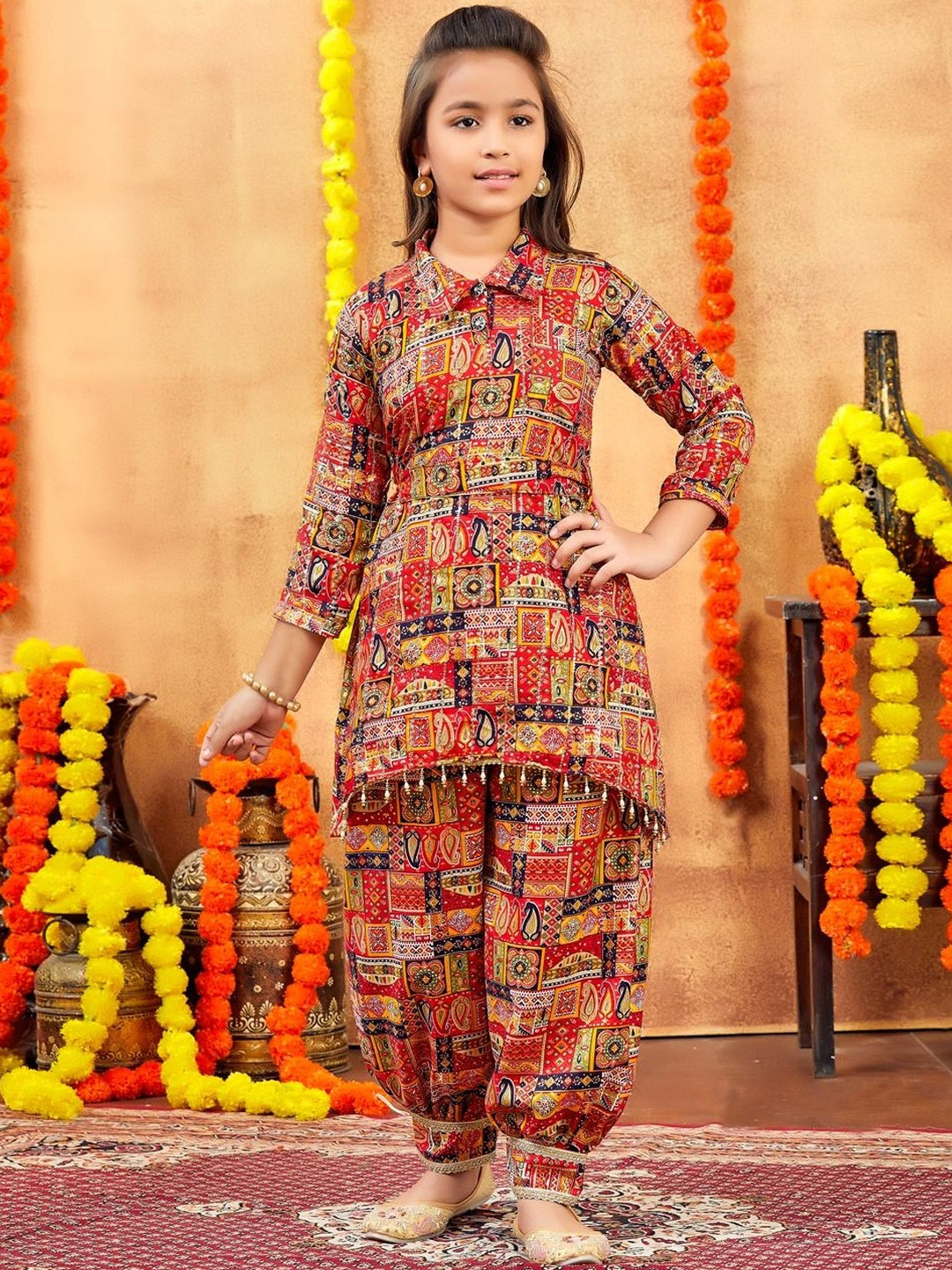 Muhuratam Girls Ethnic Wear Red Colour Abstract Printed Cotton Kurti Patiala Set With Belt