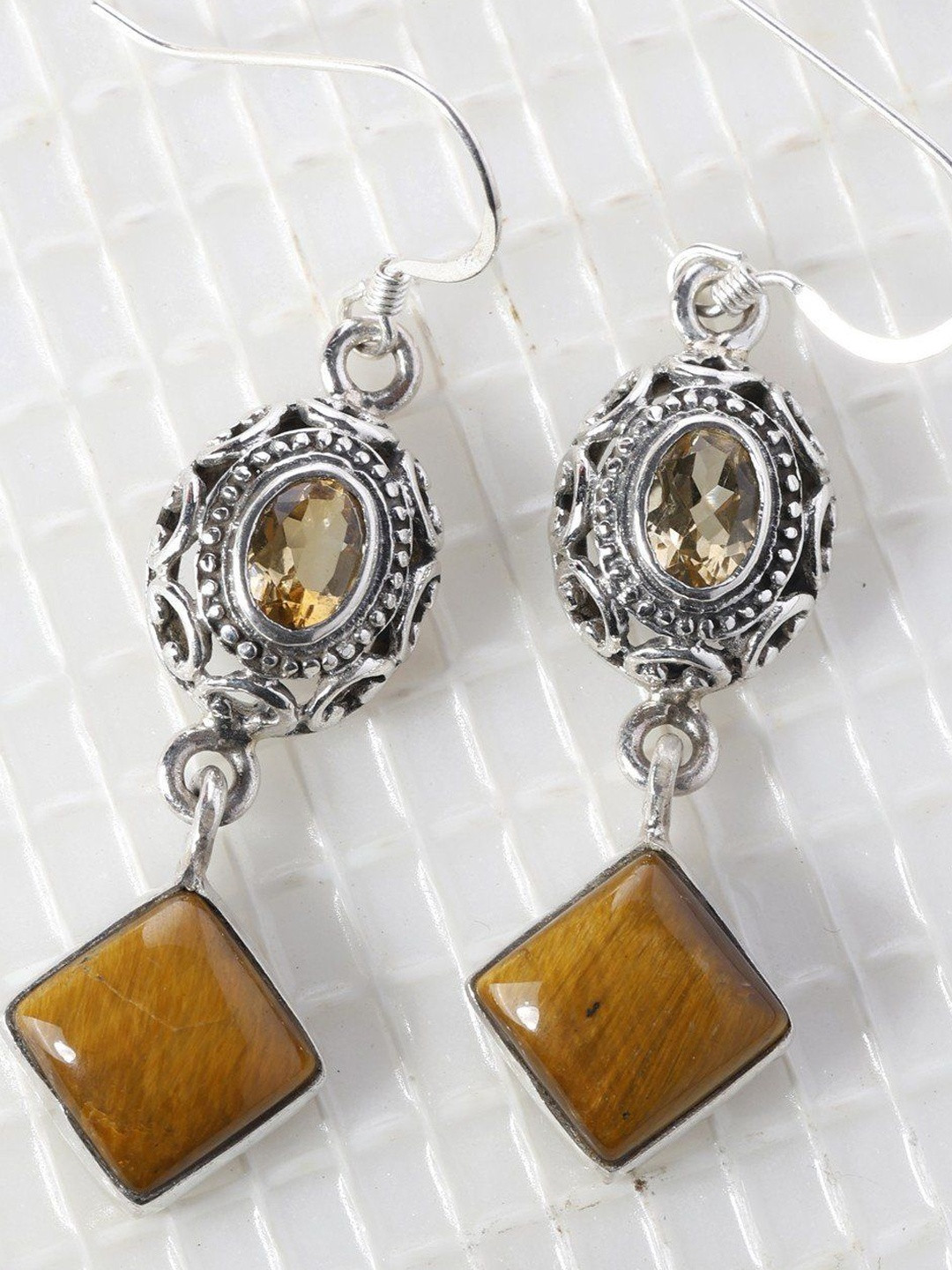Exotic India Sterling Silver Tiger Eye Drop Earrings