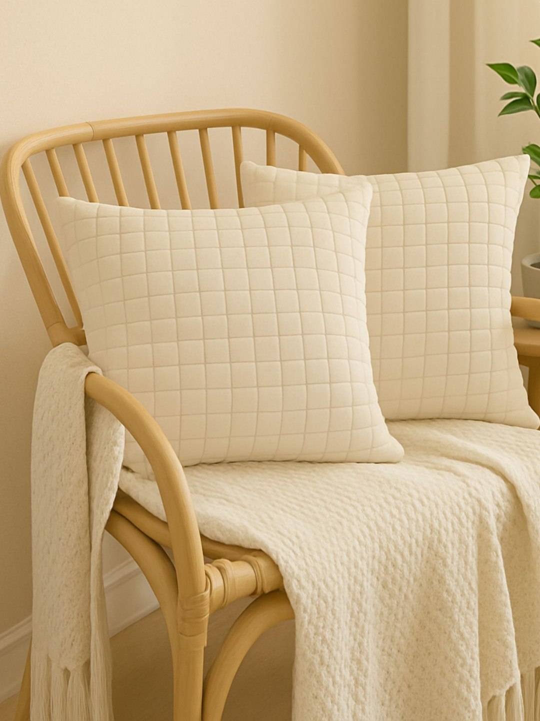 MFD HOME FURNISHING Cream 2 Pieces Checked Textured Square Cushion Covers