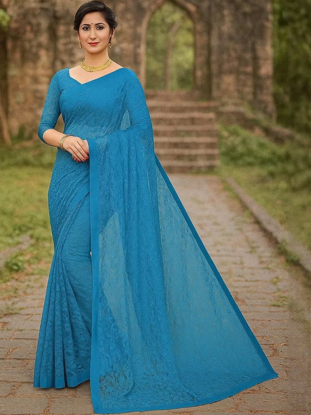 Moda Rapido Woven Design Net Saree With Blouse Piece