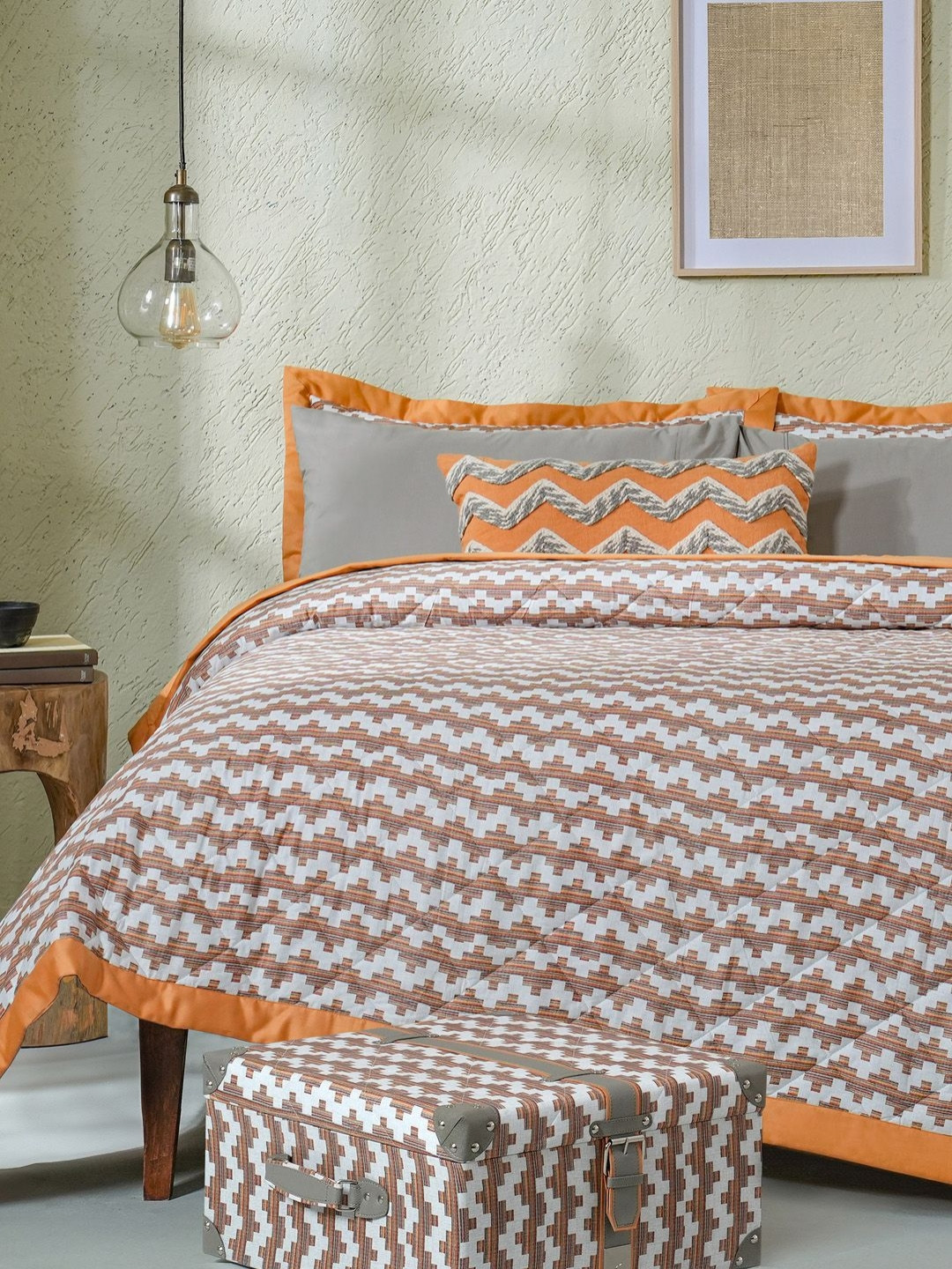 MASPAR Rust Colored & Green Chevron Printed Pure Cotton Double Queen Regular Bedding Set