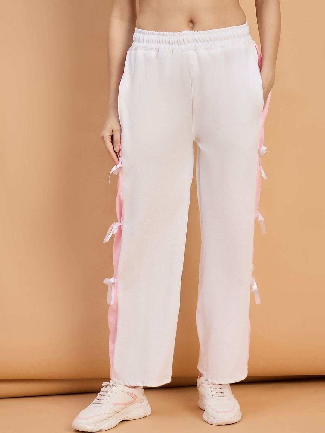 Roadster Off-White Women Wide Leg Trouser Pants with Side Bow Design