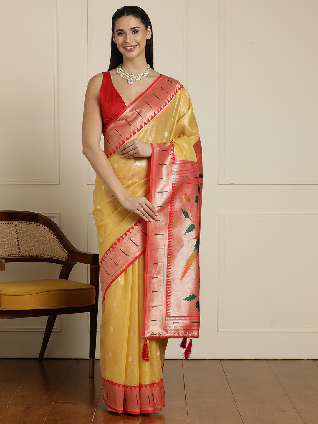 House of Pataudi Floral Woven Design Zari Saree With Blouse Piece