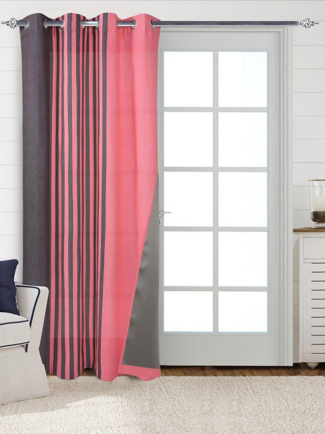 Saral Home Brown And Pink 2 Pieces Striped Black Out Cotton Door Curtains