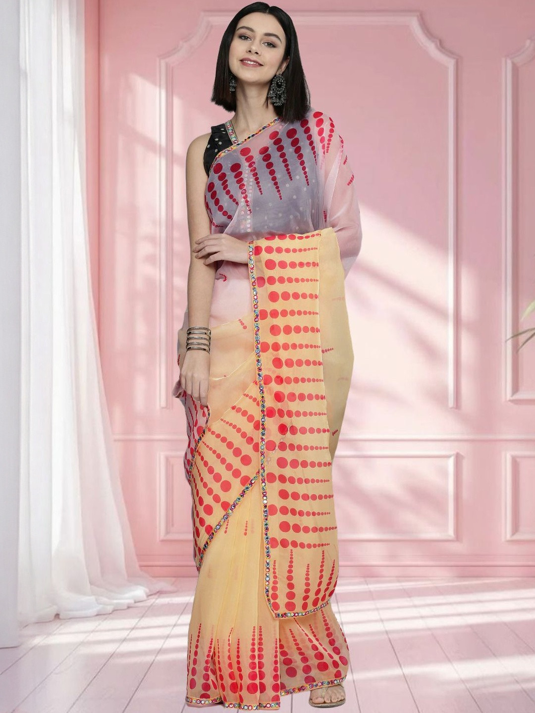 Sangria Polka Dot Printed Mirror Work Organza Saree With Unstitched Blouse Piece