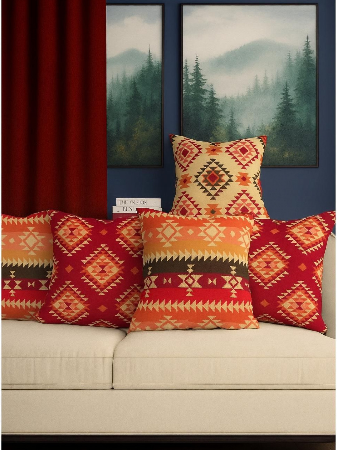 Aura Red & Brown 5 Pieces Square Cushion Covers