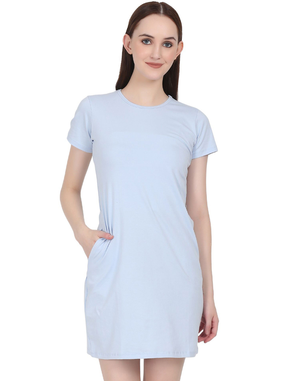 NYRAPARIS Round Neck Short Sleeves 2 Side Pockets T-shirt Dress