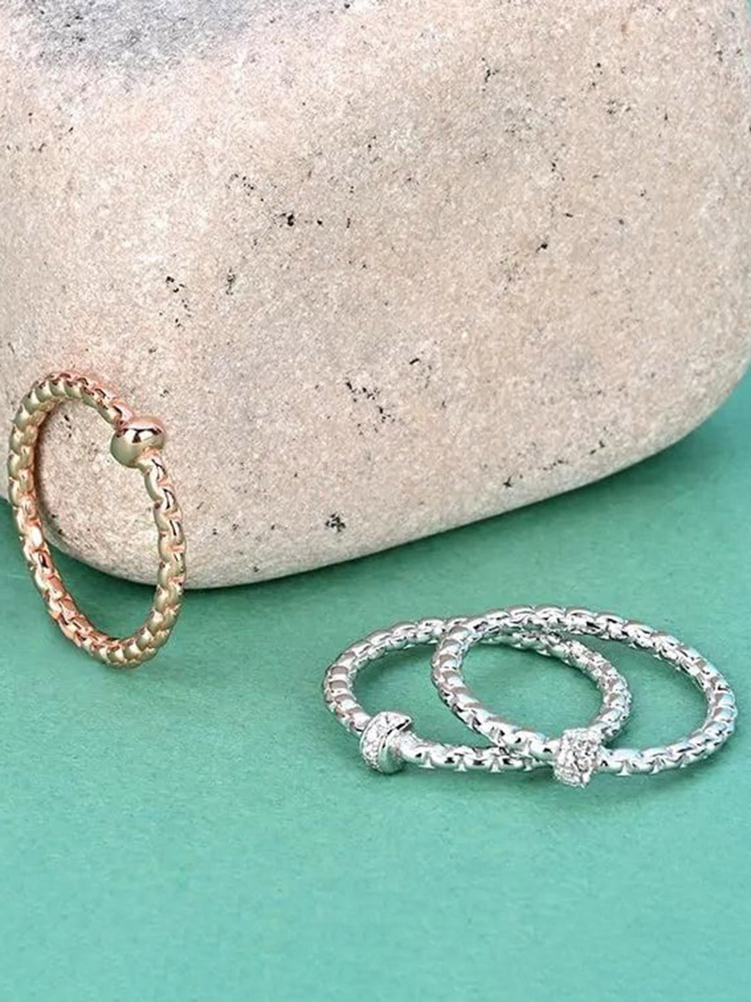 TOUCH925 Set Of 3 925 Silver Rose Gold-Plated Cubic Zirconia Studded Stack Finger Rings