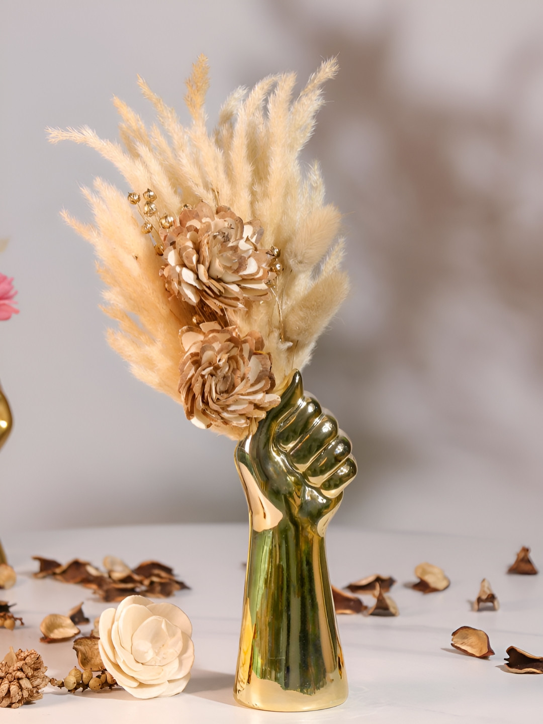 Art Street Gold-Toned & Beige 2 Pieces Rose Artificial Flowers With Pots