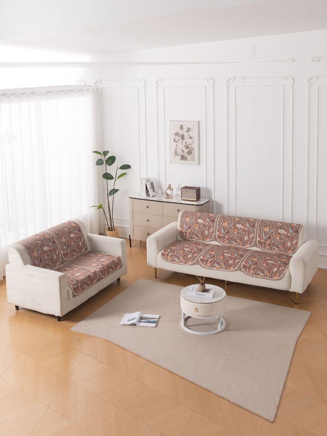 HOKIPO HeavenHue Brown & Blue 4 Pieces Printed 5 Seater Sofa Covers