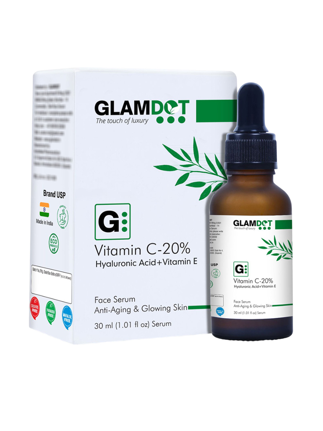 Glamdot Vitamin C -20% With Hyaluronic Face Serum For Anti Aging - 30 ml