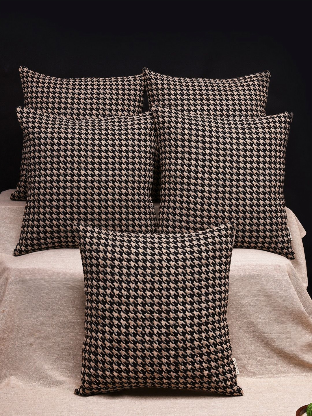 ANWYN Black & Beige -5 Pcs Abstract Jute Cotton Square Bohemian Cushion Covers