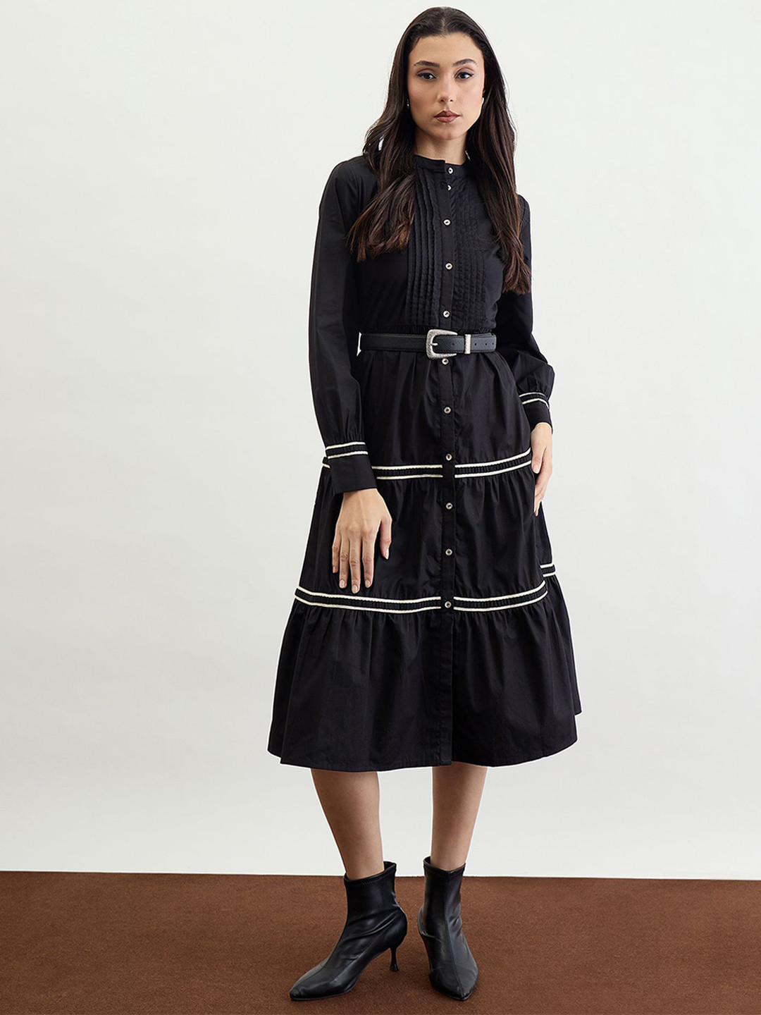 Iconic Women Tiered Mandarin Collar Midi Dress With Belt