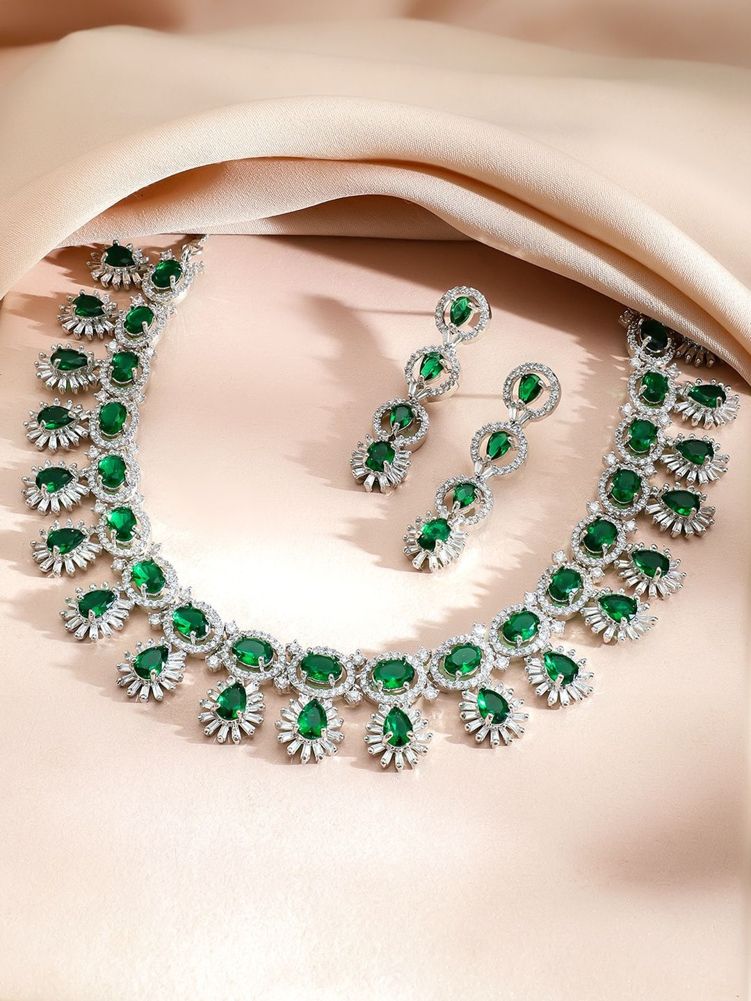 Rubans Rhodium-Plated Emerald Green Stones & Cubic Zirconia Studded Luxury Necklace Set