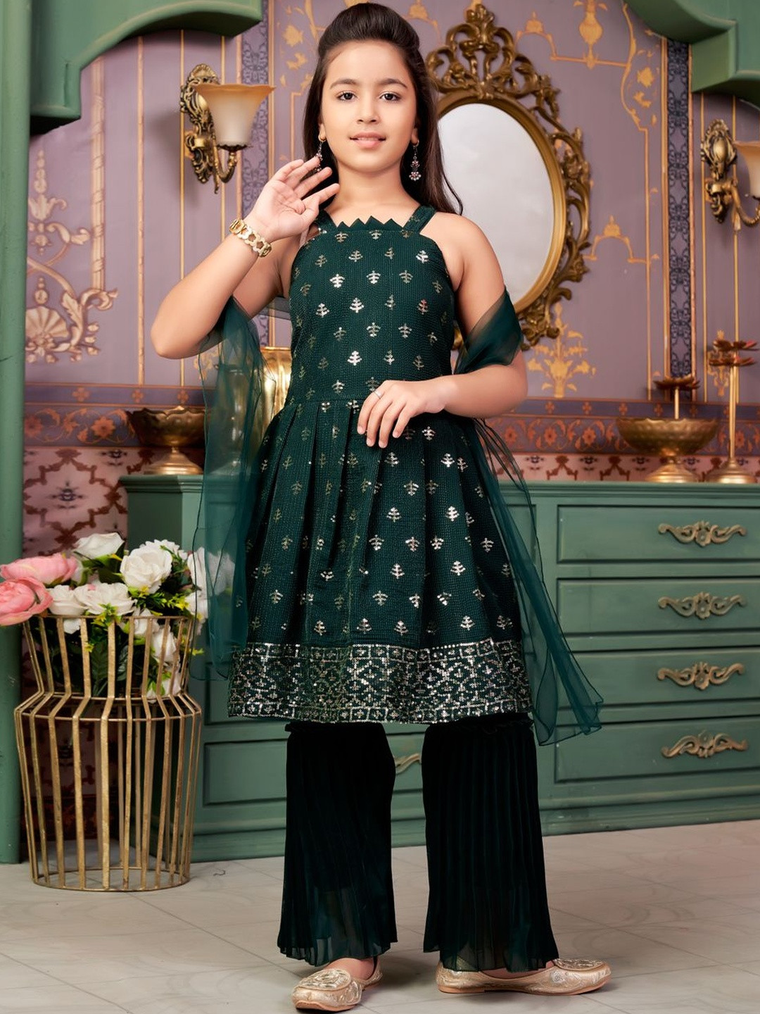 Muhuratam Girls Indigo Woven Design A-Line Kurta With Sharara And Dupatta