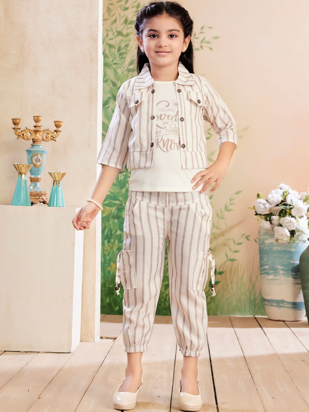 Muhuratam Girls Party Wear Cream Colour Strips Print Cotton Co-ord Set