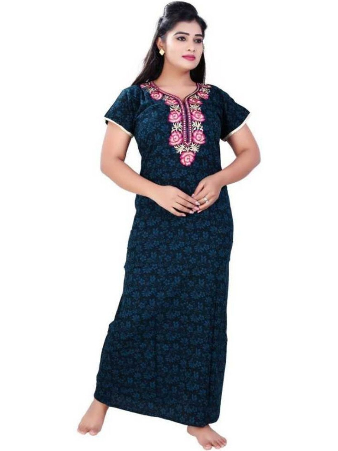 Zairra Women Cotton Printed Maxi Short Sleeves Nightdress