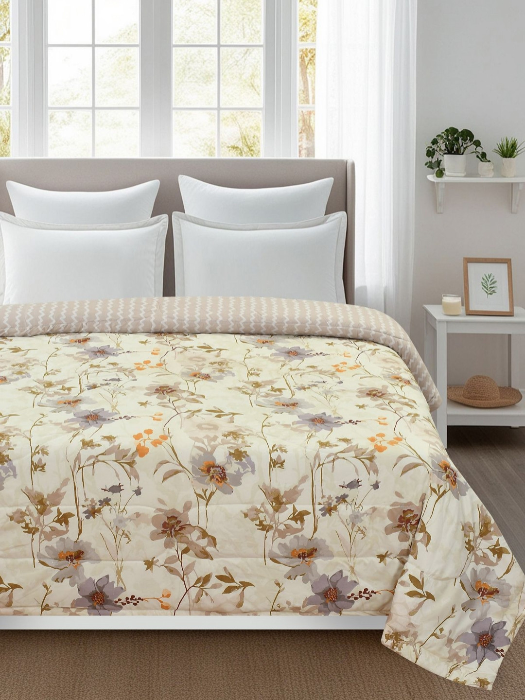 Florida Off White & Brown Floral Printed AC Room 150GSM Double Bed Comforter-2.2 m x 2.4 m