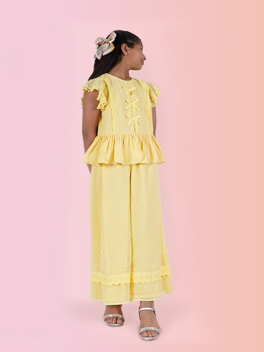 LH LUXURY FASHION Girls Self Design Round Neck Pure Cotton Top With Palazzo