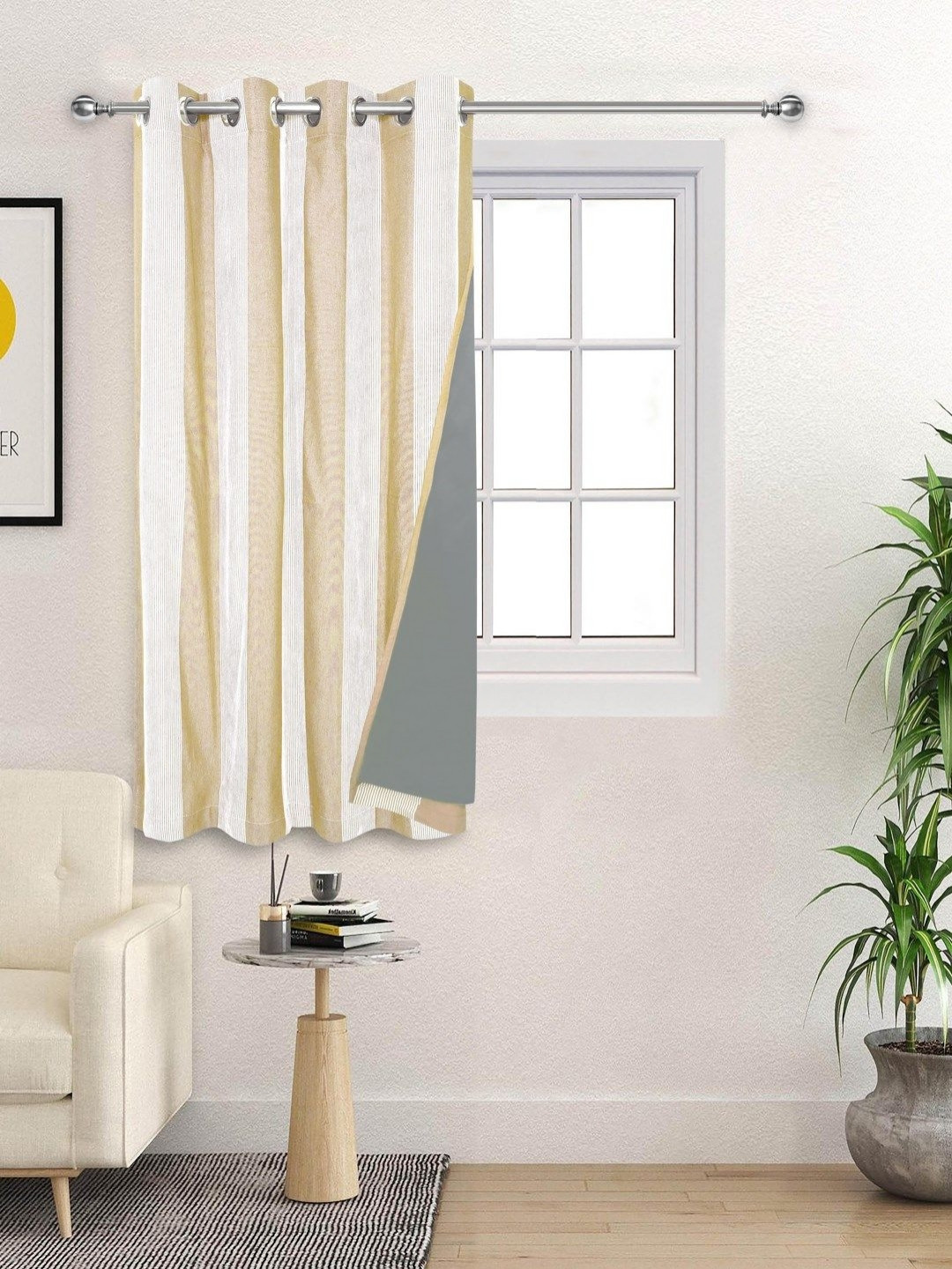 Saral Home Beige & White Striped Cotton Black Out Non-Fading Window Curtain