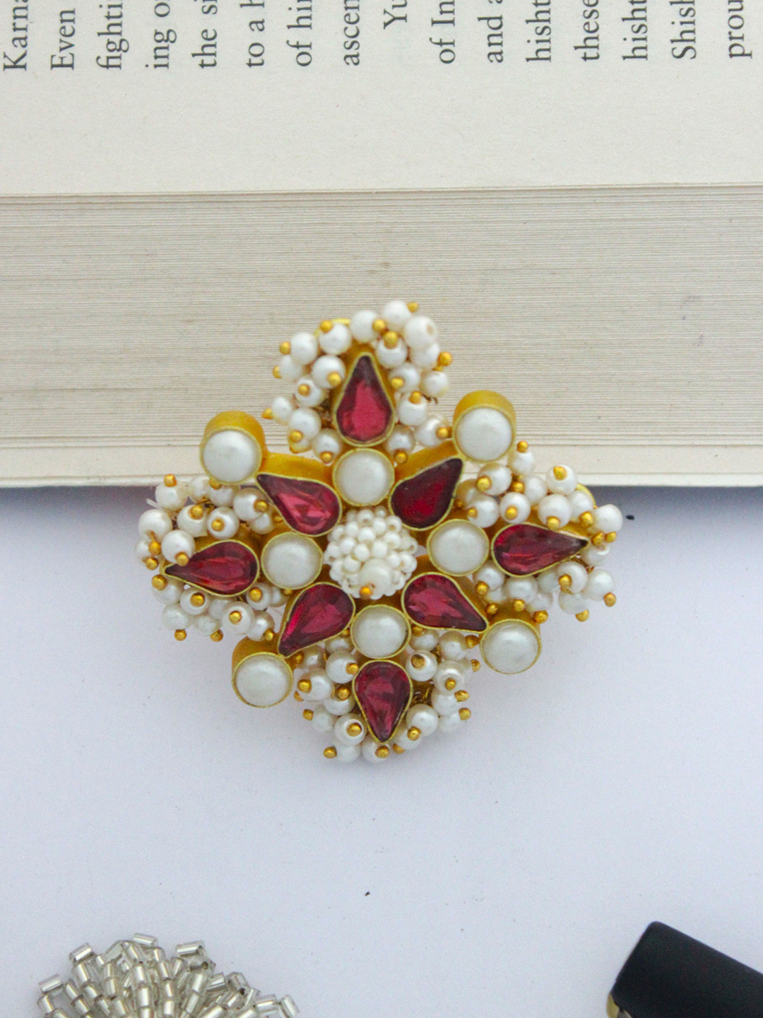 THE BLING GIRLL Ruby Stone-studded & Pearls Beaded Floral Finger Ring