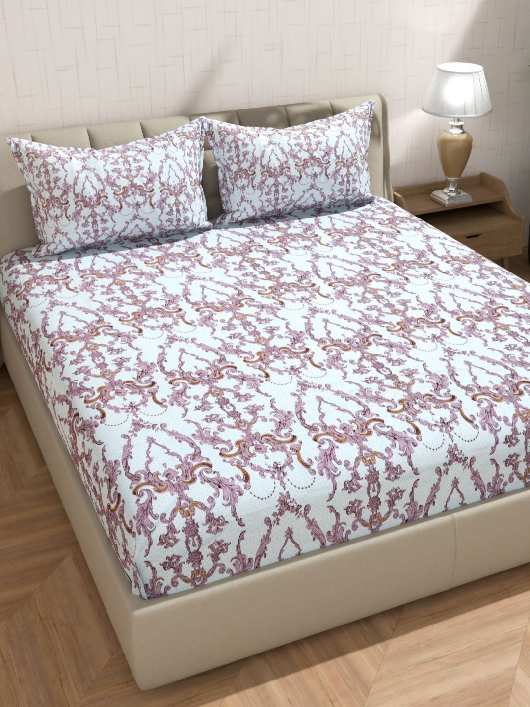 Florida Blue & Pink Floral Printed 160 TC King Bedsheet Set - 2.75 m x 2.58 m