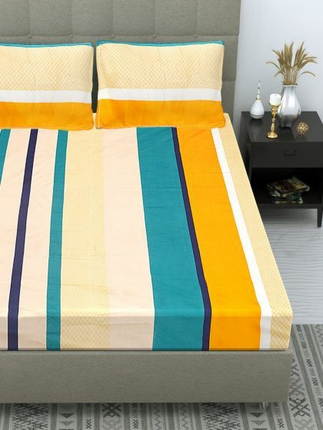 Aura Yellow & White Striped 260 TC King Bedsheet Set 2.25 m x 2.5 m