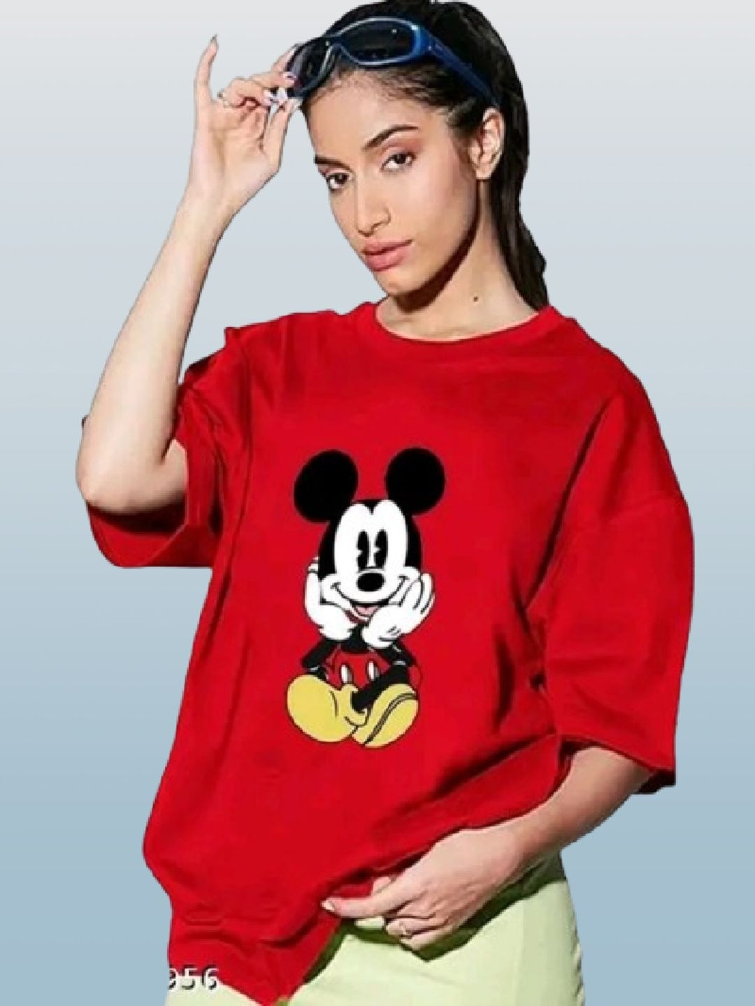 SIBBU Women Mickey Mouse Graphic Printed Round Neck Cotton Relaxed Fit T-shirt
