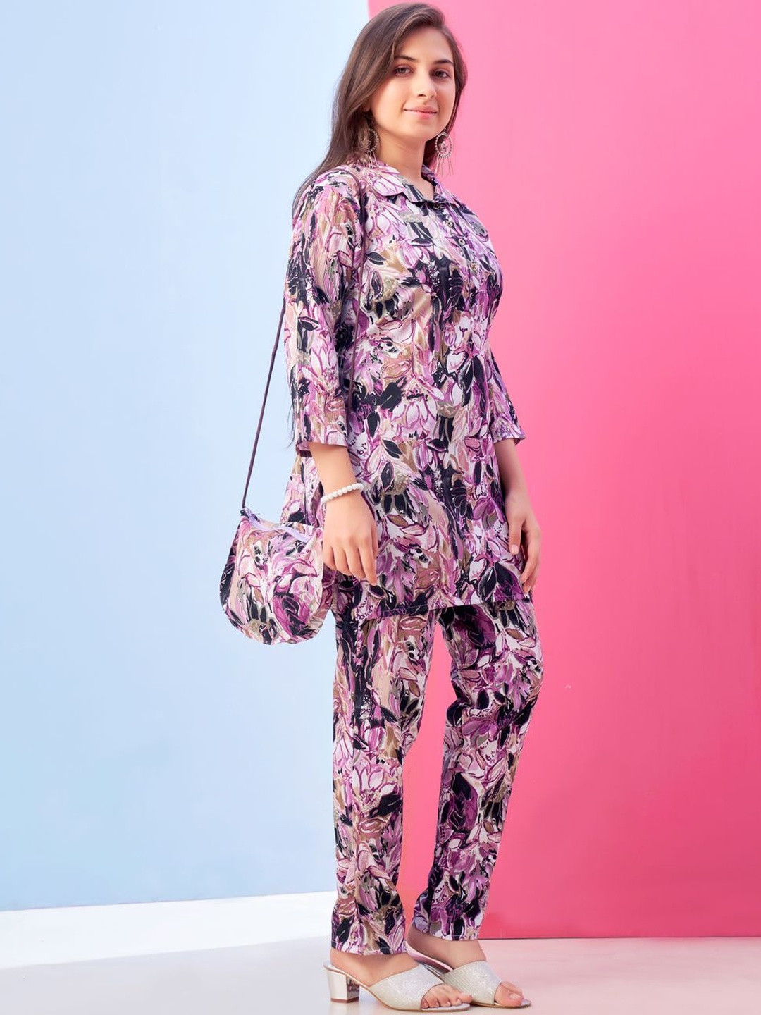 Muhuratam Girls Casual Wear Wine Colour Floral Print Polyester Co-ord Set