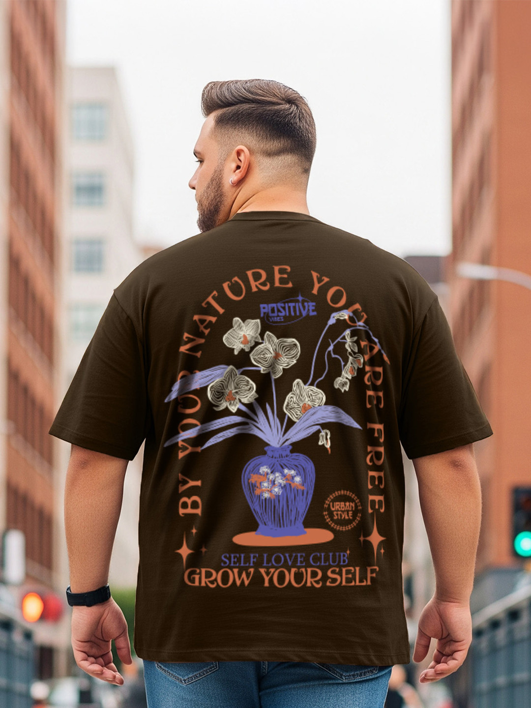 VEIRDO Plus Size Graphic Printed Drop-Shoulder Sleeves Pure Cotton T-shirt