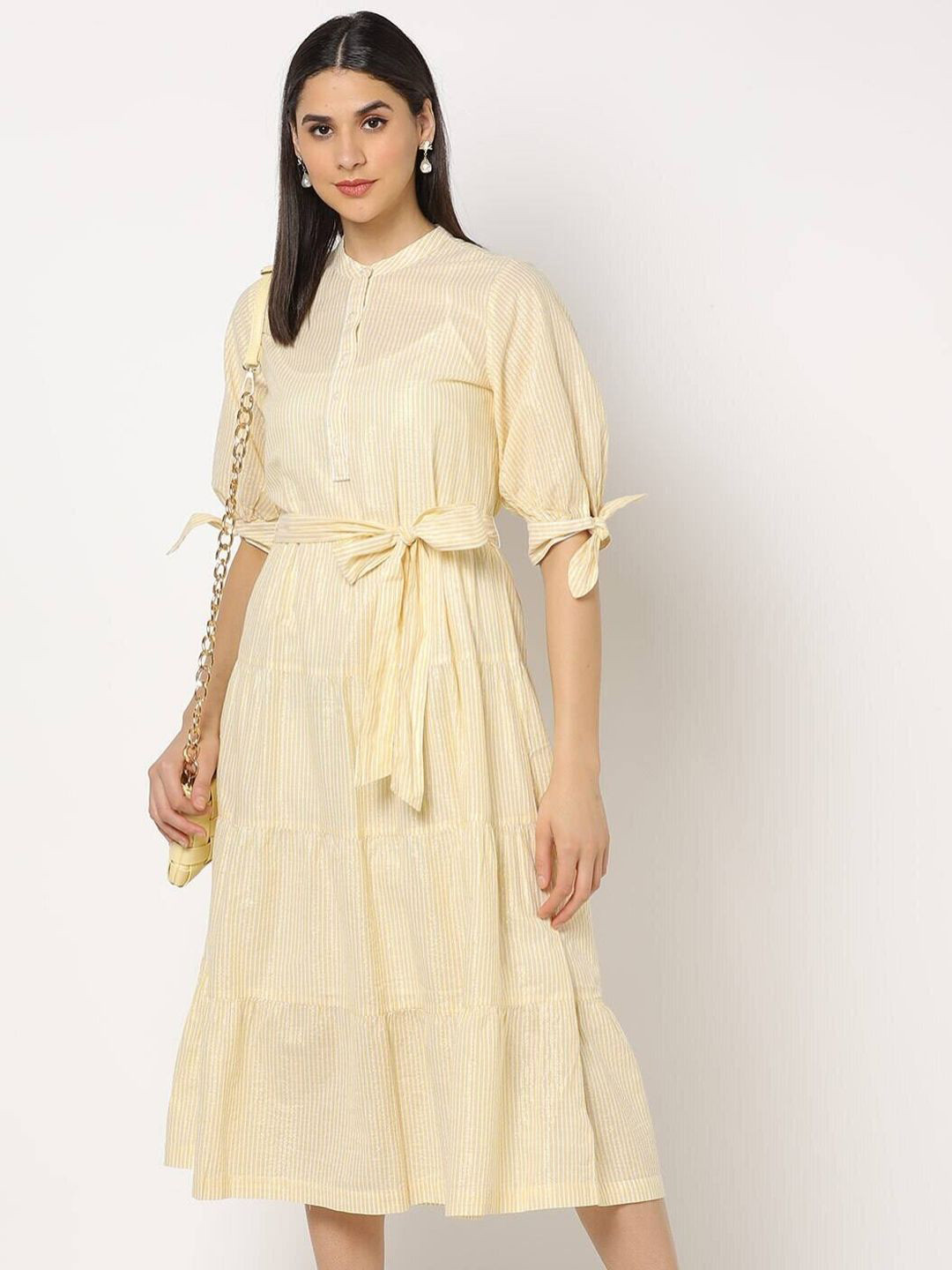 GAP Women Striped Mandarin Neck Tie-Up Detail Tiered A-Line Midi Dress