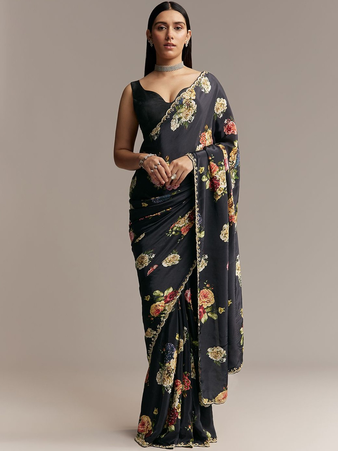 KALKI Fashion Floral Digital Print And Embroidered Border Saree