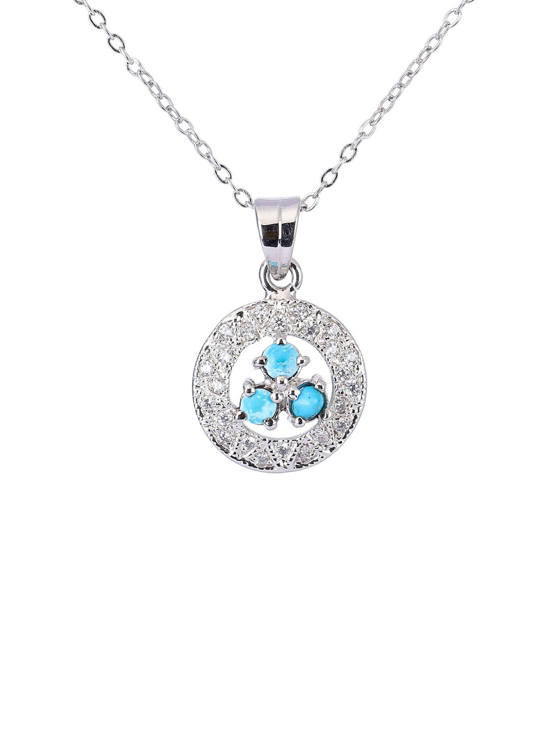 Exotic India Women Sterling Silver Turquoise Studded Circular Shaped Pendant