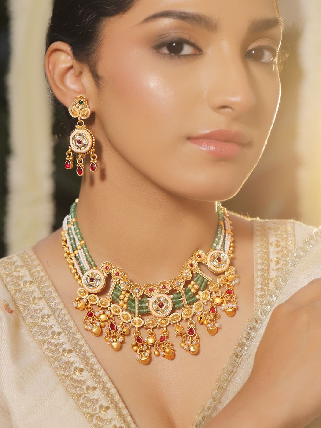 Rubans 22K Gold-Plated Kundan-Studded & Beaded Jewellery Set