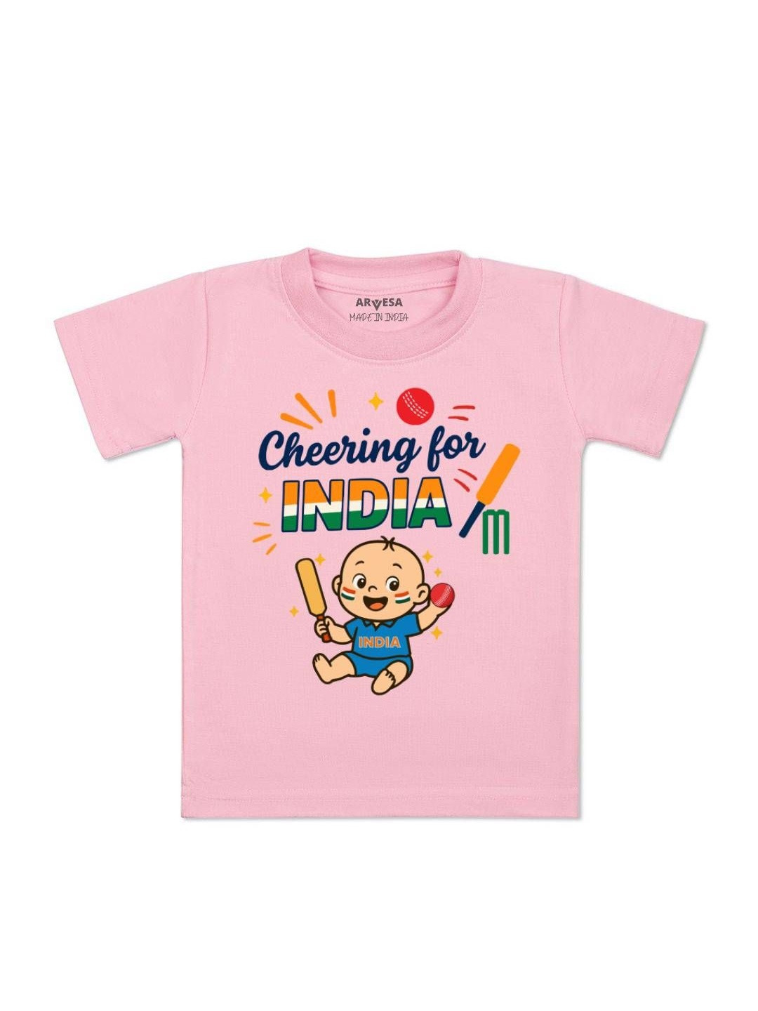 Arvesa Kids Cheering For India Printed Round Neck Short Sleeve T-Shirt