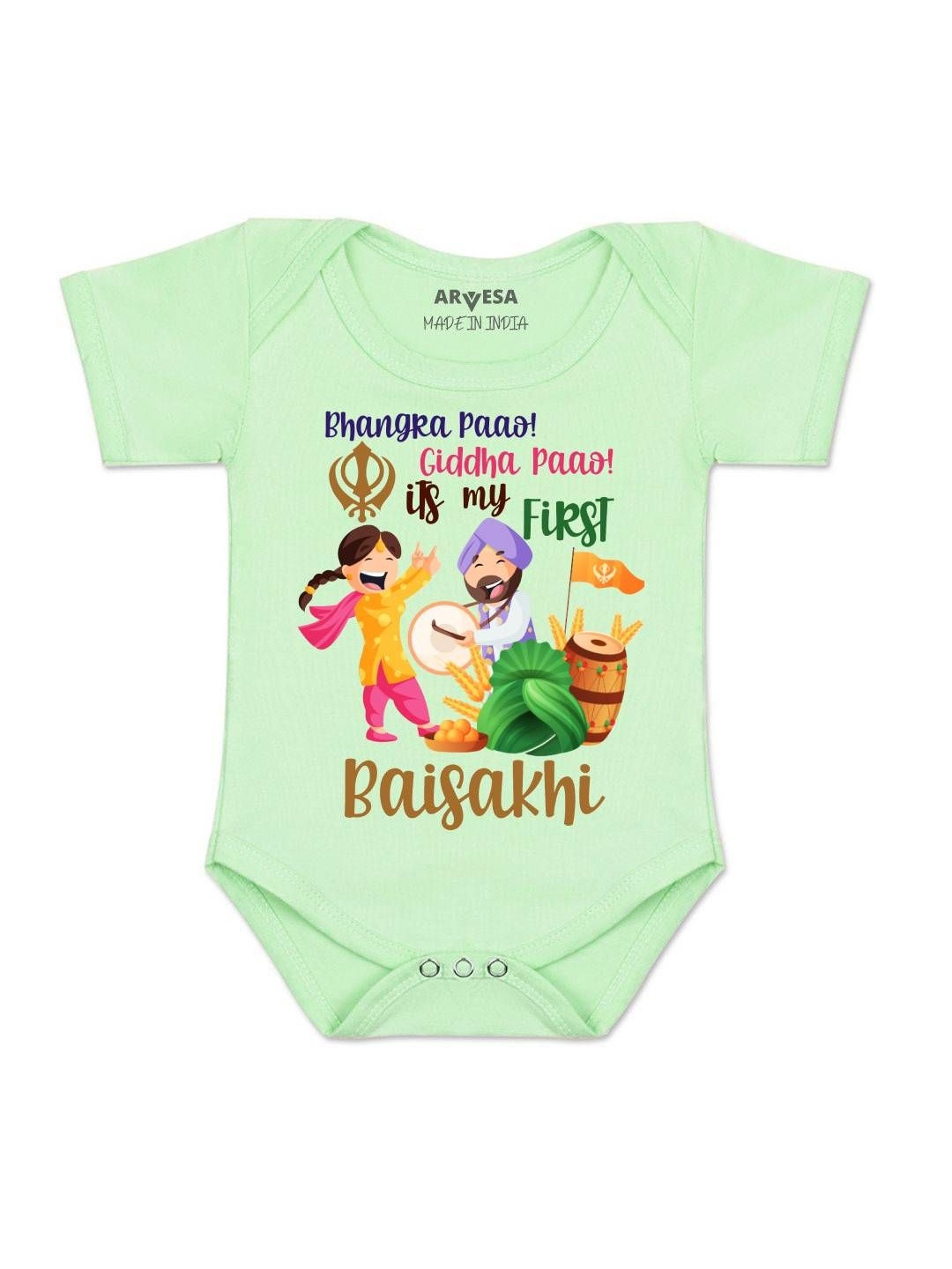 Arvesa Kids My First Baisakhi Printed Envelope Neck Short Sleeves Cotton Bodysuit