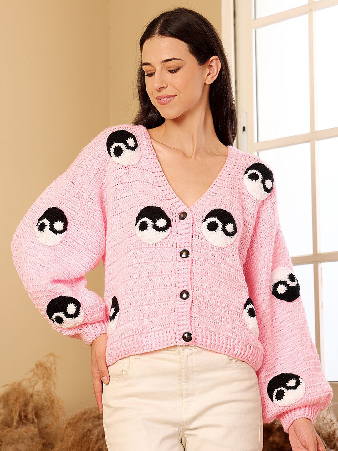 Velvery Women Self Design Long Sleeves V-Neck Regular Oversized Cardigan With Applique