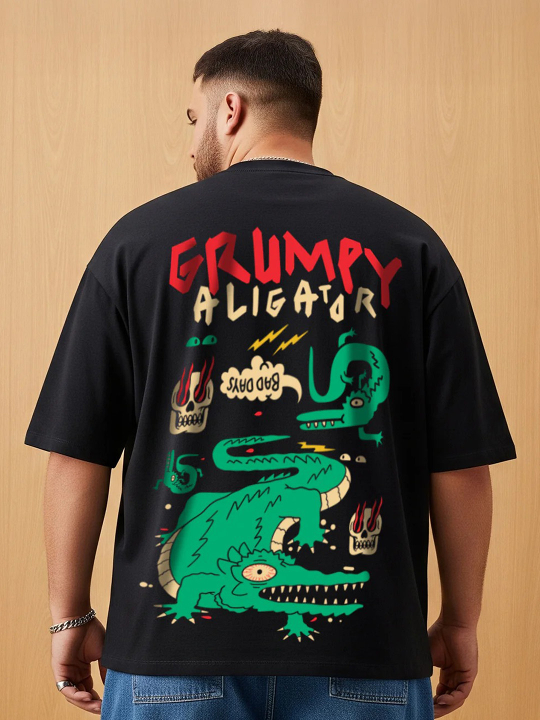 VEIRDO Plus Size Graphic Printed Drop-Shoulder Sleeves Pure Cotton T-shirt