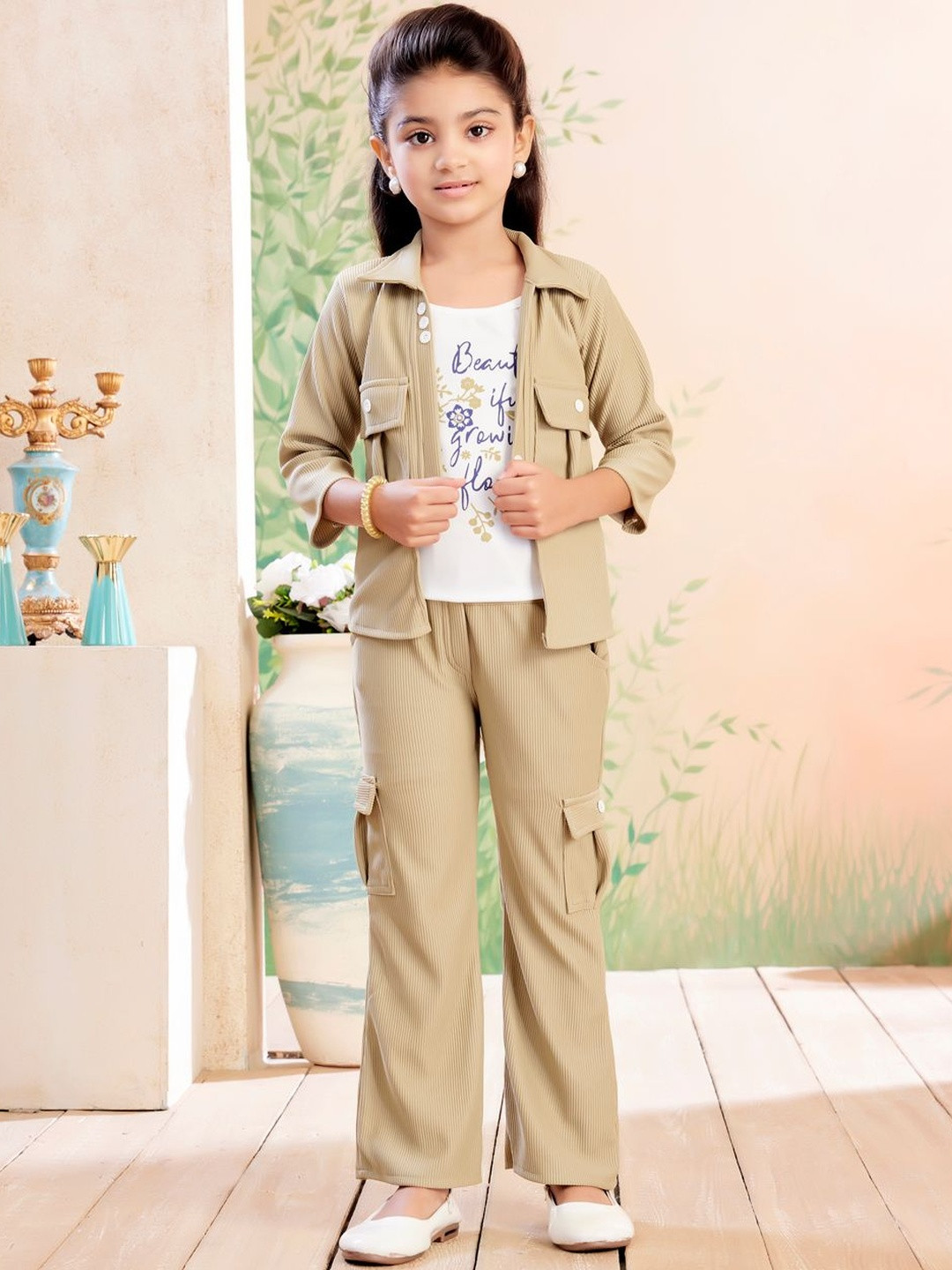 Muhuratam Girls Party Wear Green Colour Solid/Text Print Nylon Co-ord Set